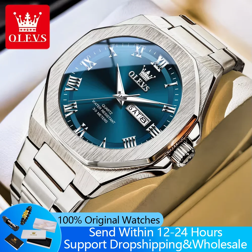 OELVS 3727 Luxury Quartz Watches for Men Steel Strap Waterproof Luminous Dual Calendar Classic Fashion Business Men's Wristwatch