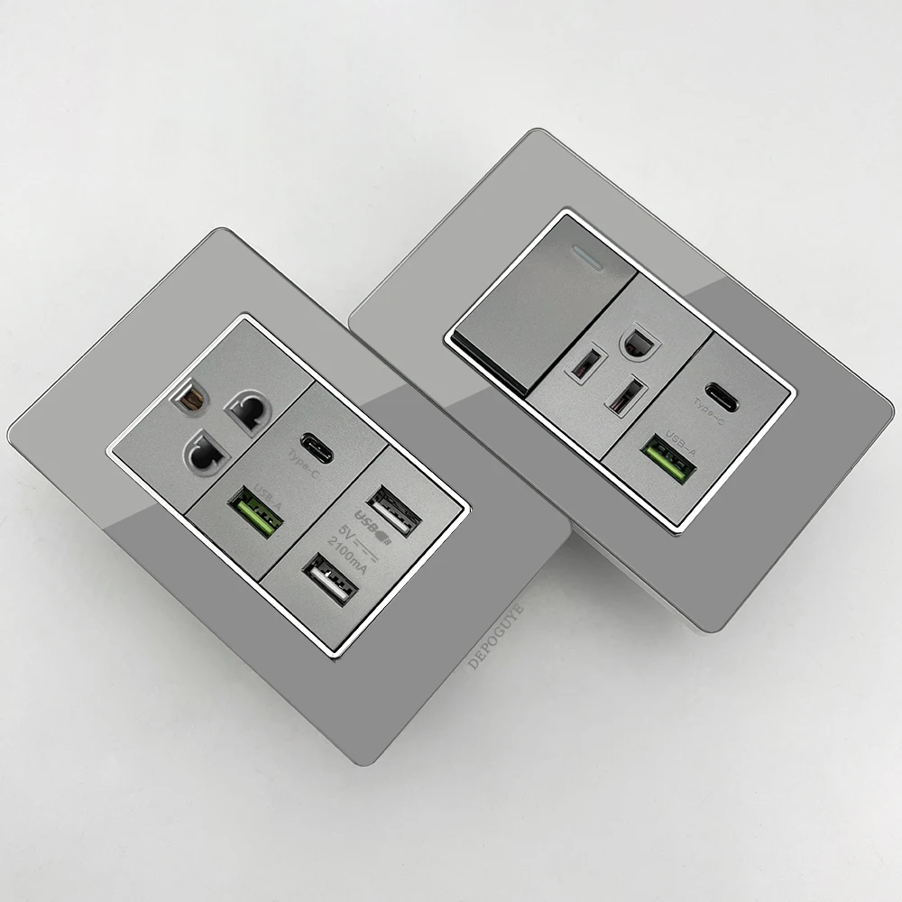 Grey Tempered Glass American USB Type-C 20W Smart Fast Charging Wall Socket Plug, Mexico Thai Dual USB Power Outlet Light Switch