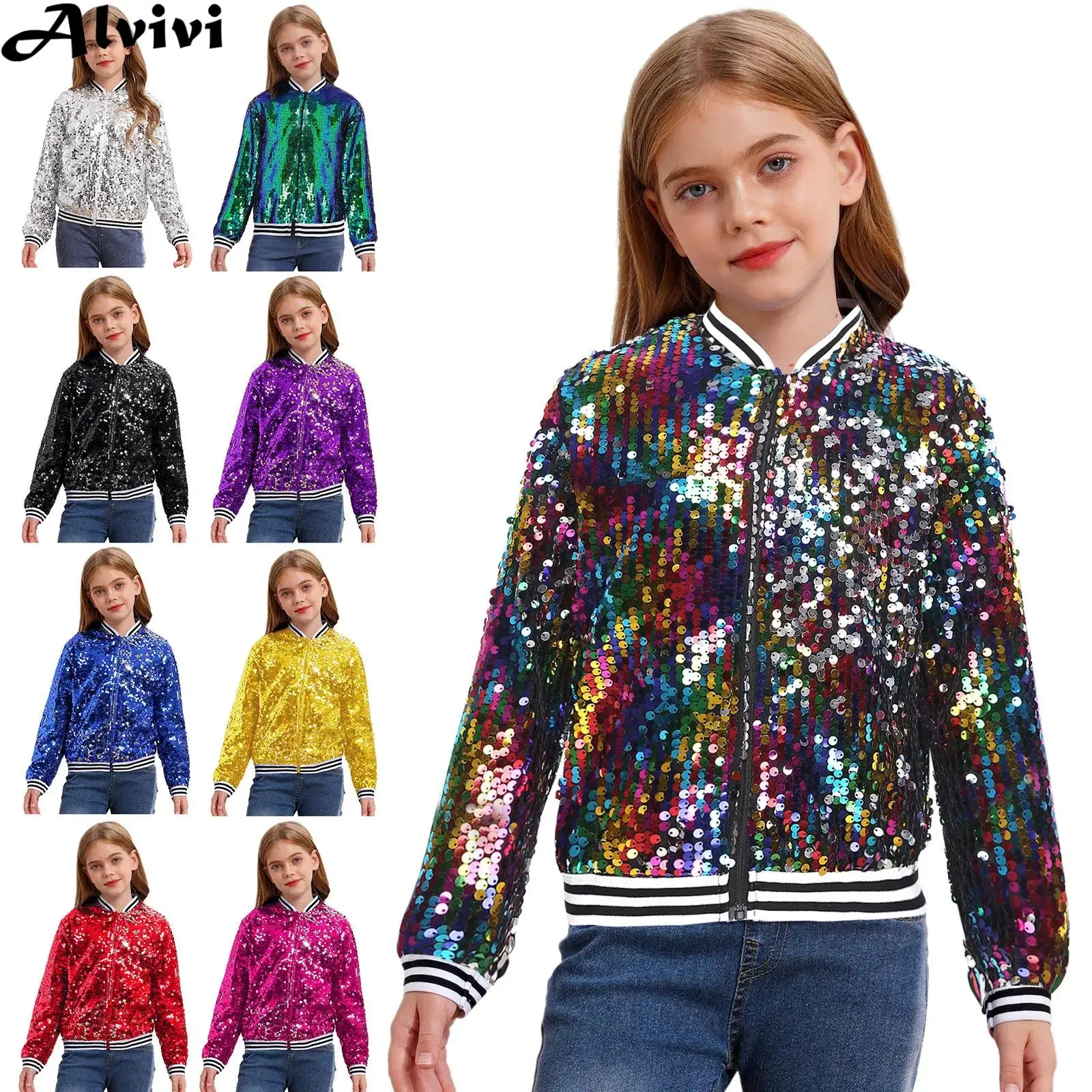 6-16Y Girls Shiny Sequin Hip Hop Jazz Street Dance Baseball Jacket Long Sleeve Zipper Bomber Coat for School Party Performance