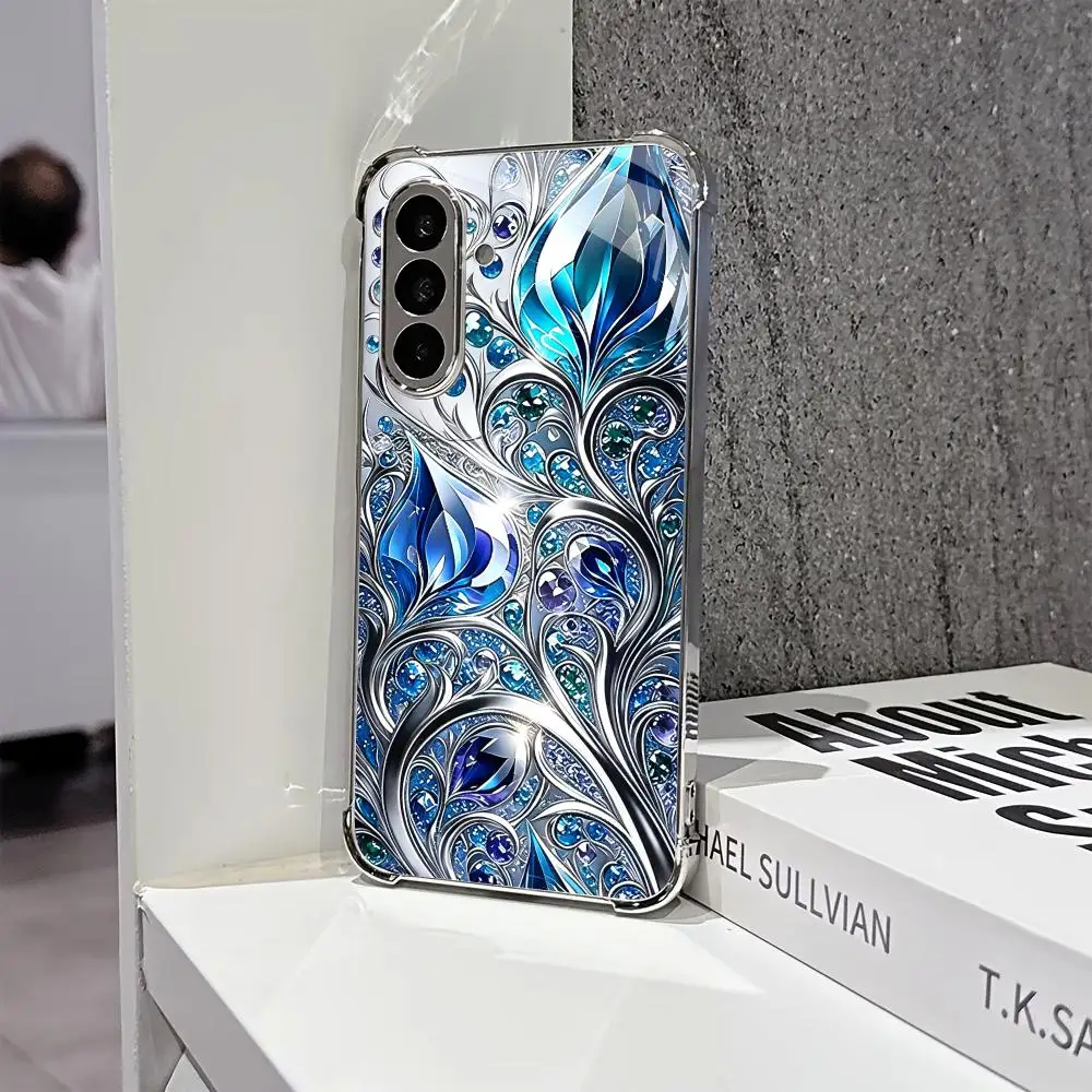 2D blue engraved flowers Tempered Glass Fashion phone case for Samsung Galaxy S26/S25/S24/S23/S22/S21FE Ultra Plus Dropresistant