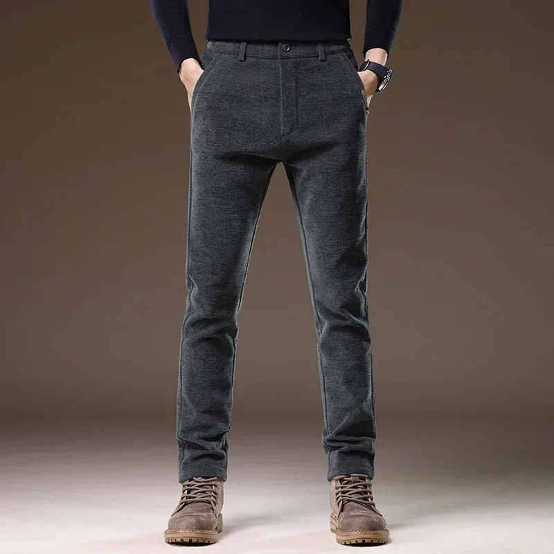 ماركة الخريف الشتاء الفاخرة سراويل تقليدية الرجال سميكة الأعمال مرونة الخصر ضئيلة الكورية نحى النسيج البني السراويل الطويلة الذكور