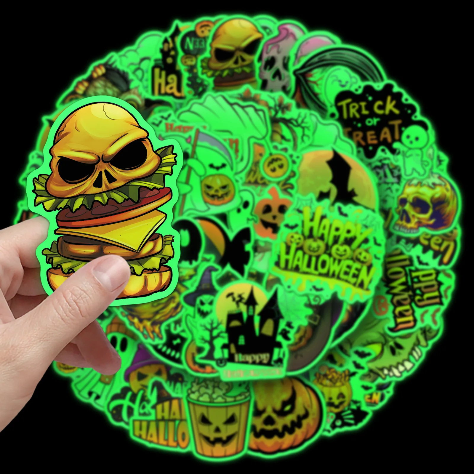 50 PCS Cartoon Halloween Horror Pumpkin Head Glow Stickers For Holiday Atmosphere Decoration Holiday Gift Box Waterproof Decals