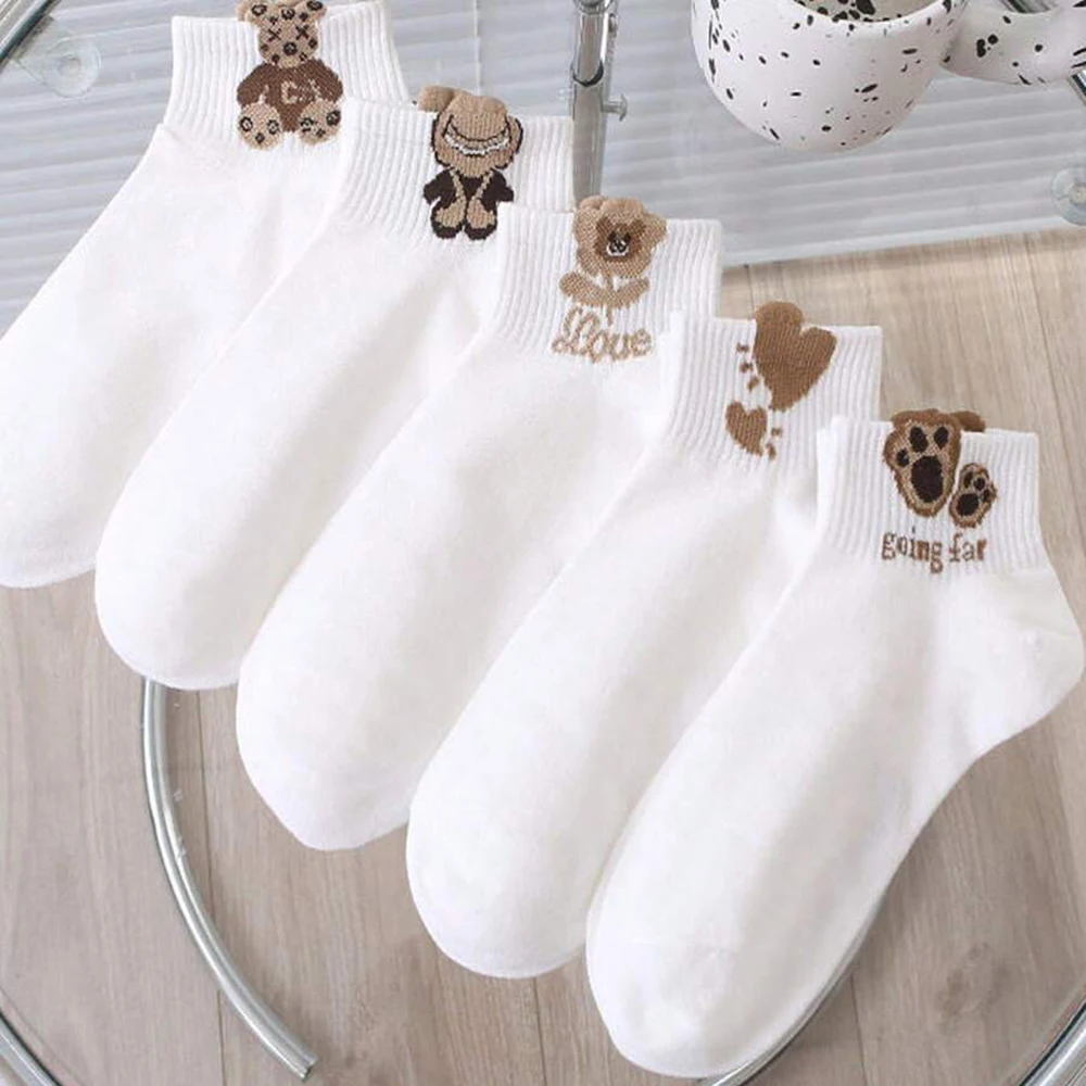 5/10 Pairs Women's Cute Bear Socks Suitable All Seasons Solid Color Trendy Flower Pattern Casual Soft And Comfortable Socks image 3