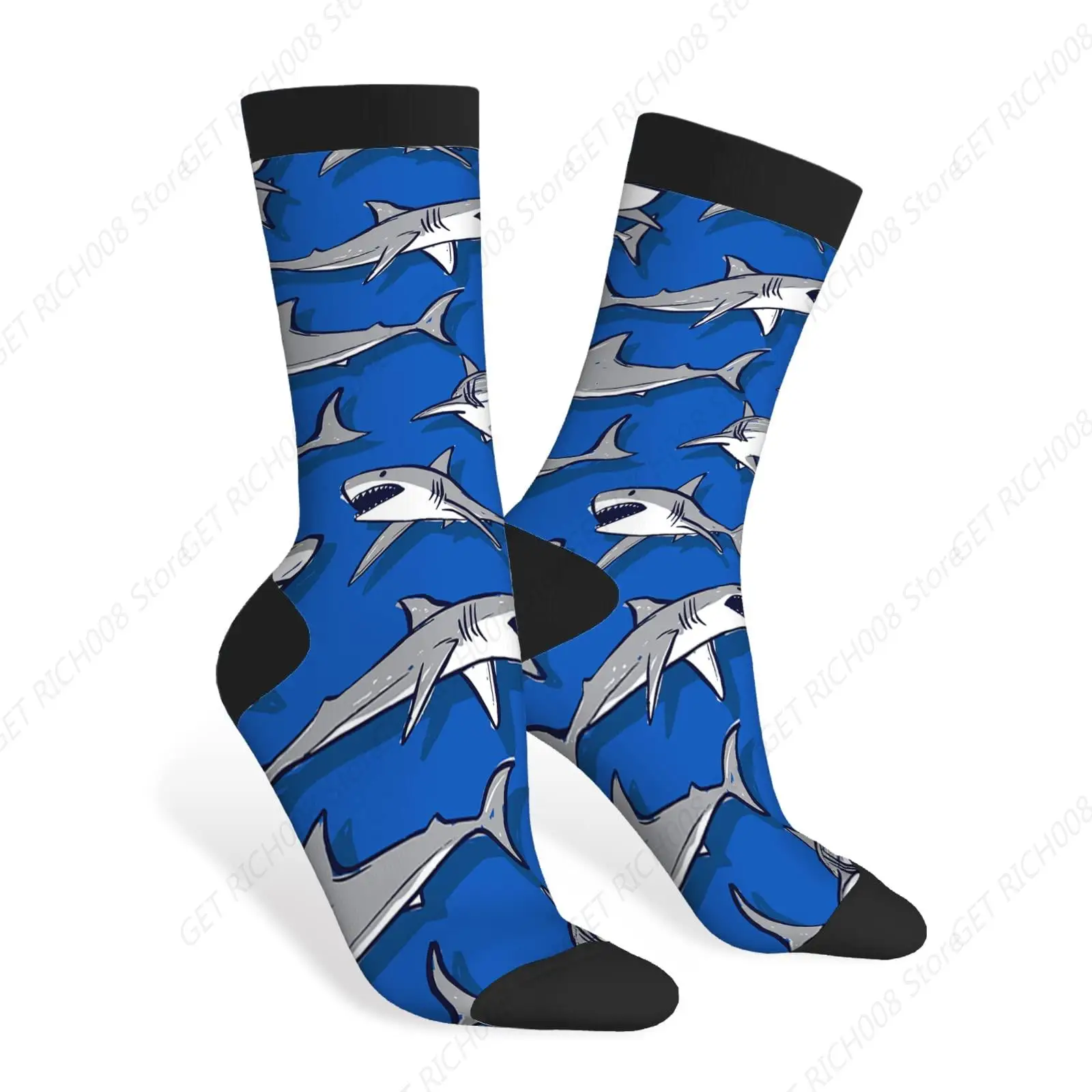 Shark Funny Socks Blue Cartoon Sharks Marine Underwater Predator Novelty Casual Crew Socks Color Design For Women Men Gift