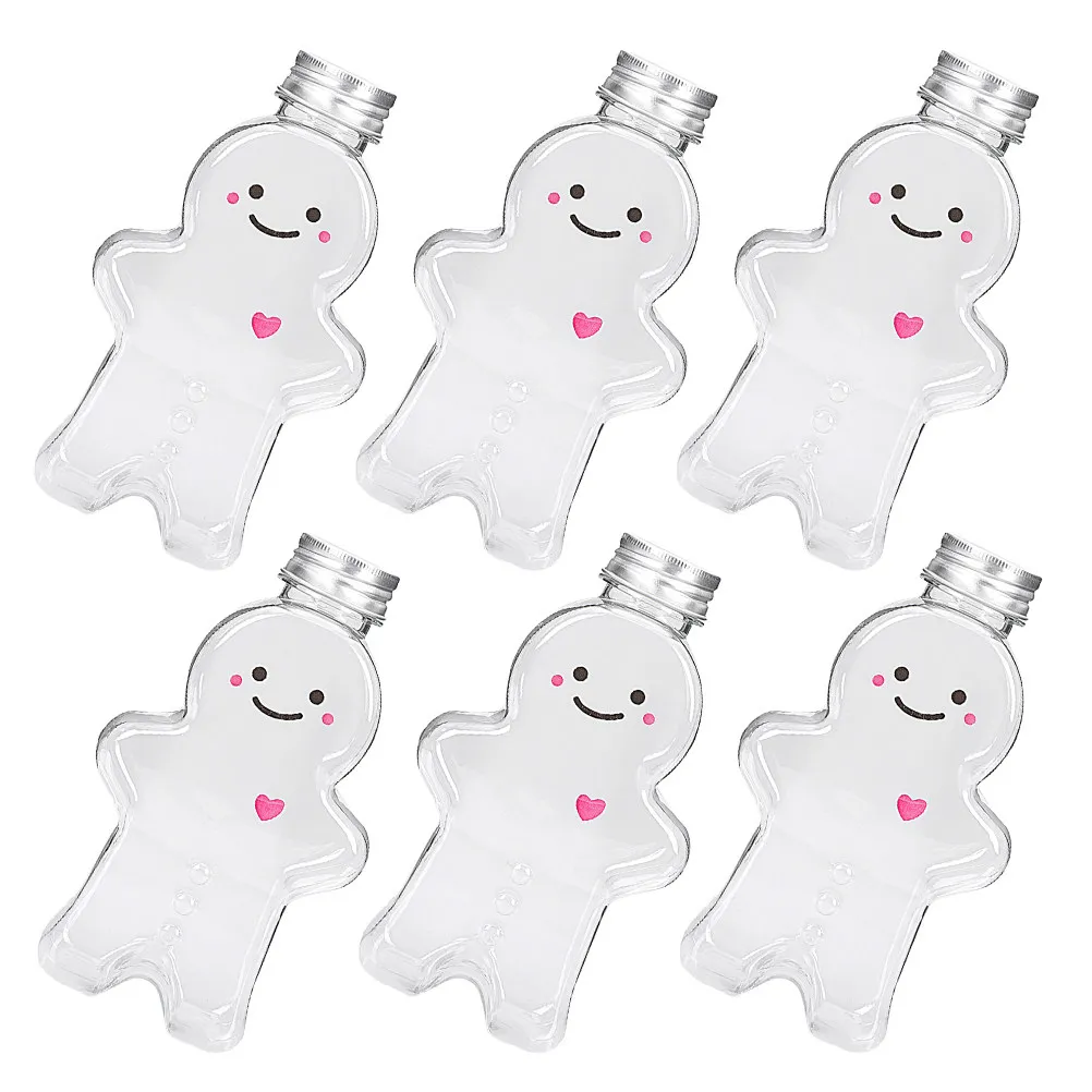 

6 шт. прозрачных бутылок для напитков в форме имбирного человечка, праздничные контейнеры для сока, многоразовые бутылки для напитков с крышками