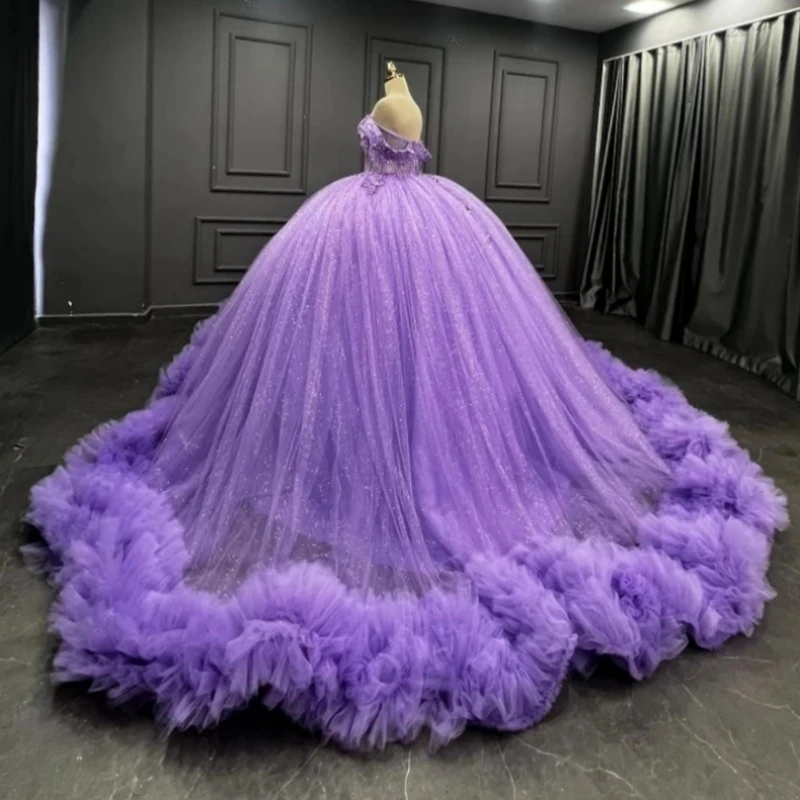 Luxo lavanda princesa 15 quinceanera vestido fora do ombro grânulo applique plissado tule inchado feminino baile de formatura festa de aniversário personalizado