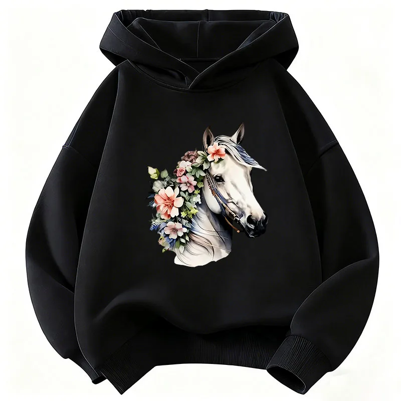 Fashion Horse with Flower Design Hoodie Kids Kawaii Children's Sweatshirt Hoody for Boys Girls Casual Hoodies Hip Hop Clothes