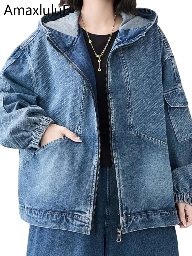 

Amax LuluE 2026 Spring Casual Fashion Hooded Denim Coats Womens Vintage Loose Oversized Jackets Ladies Classic Striped Outerwear