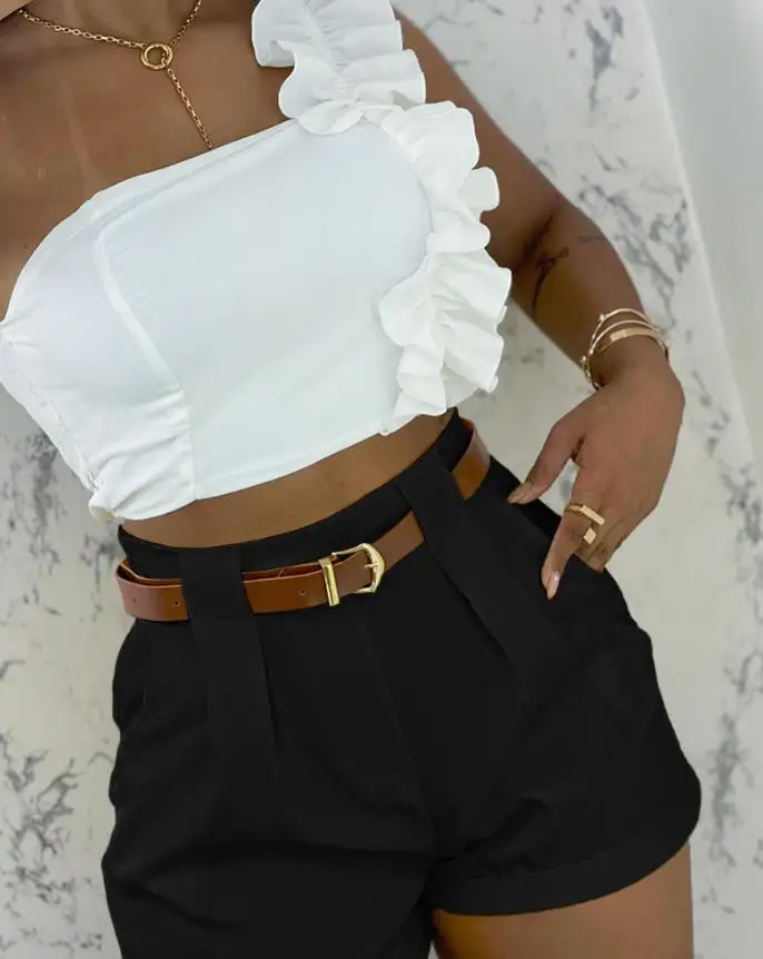 High Waisted Pleated Shorts with Casual Loose Pocket Design, Summer Straight Cut Height Waistband Pocket, Solid Color Shorts