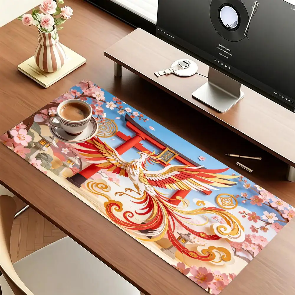 Phoenix Cherry Blossom Torii Gaming Mouse Pad Thick Rubber Smooth Cloth Large Size For Bedroom Study Decor