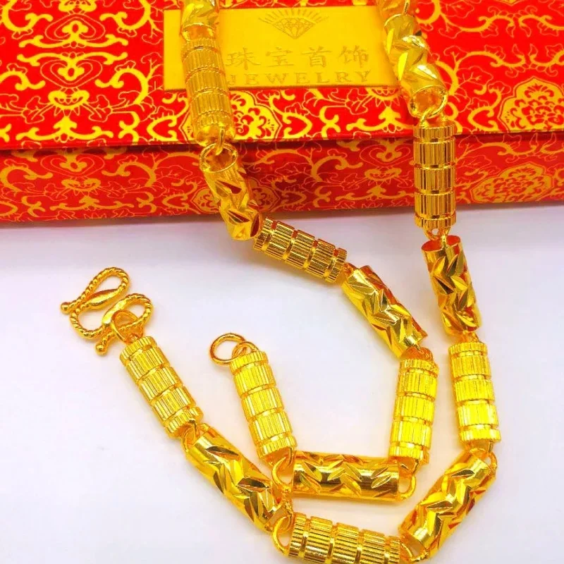 Solid 24K 999 Gold Cylinder Necklace for Men, 6-8mm Thick Pure Cylindrical Chain, Heavy Classic Rope Chain