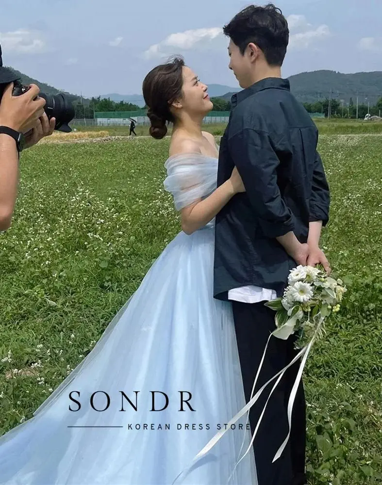 Sondr Customized Elegant Sky Blue Tulle Evening Dresses Korea Lady Wedding Photoshoot Off Shoulder Floor Length Prom Dress