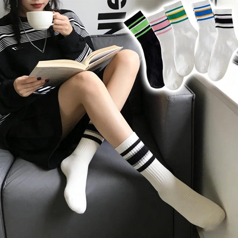 

Новые полосатые женские носки средней длины: модные, спортивные, дышащие, удобные, для пар, для бега, спортзала, повседневной носки, для улицы
