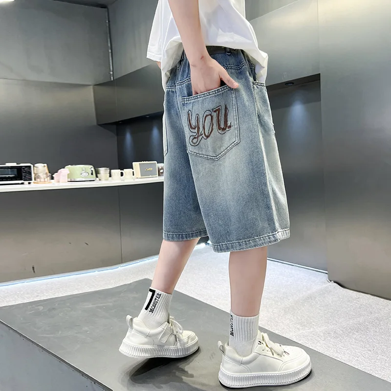 UNITIM Summer Children Boys Shorts Thin Letter Pockets 4-14Yrs Boys Denim Shorts Elastic Waist Junior Boys Half-length Pants