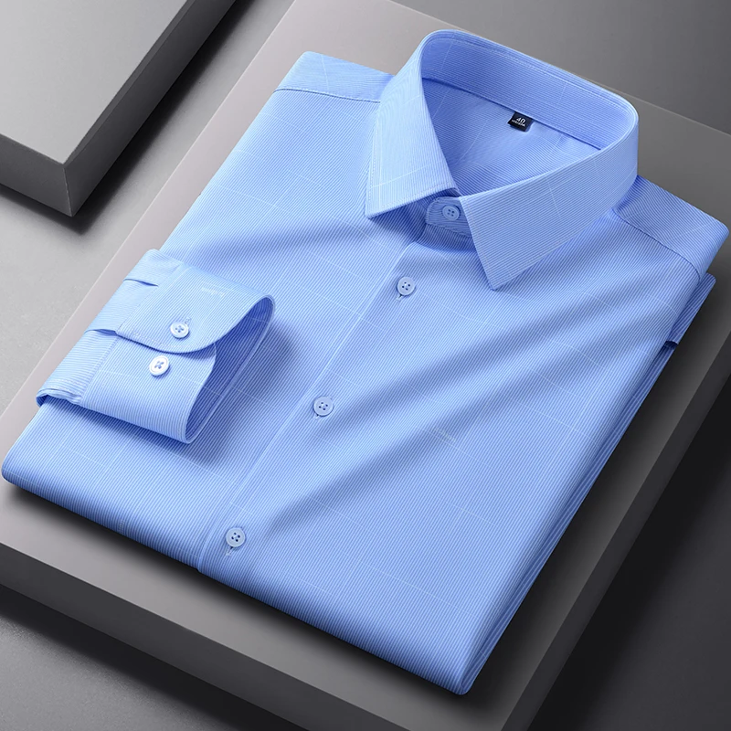 

Качественная эластичная мужская рубашка против морщин, классические рубашки с длинными рукавами для мужчин, приталенная Camisa, деловая блузка, рубашка S-4XL