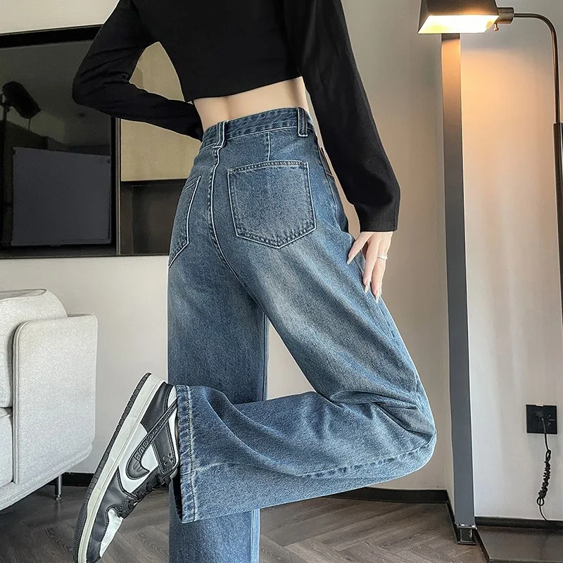 Denim Jeans Women Wash Drawstring Korean Loose Wide Leg Drop Straight Long Ladies Pants Trend Brand Trousers Dropship