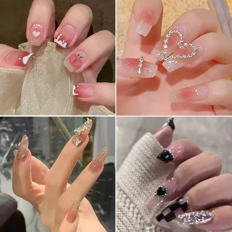 สีชมพูเล็บปลอมกดบนเล็บ Art ยาวเคล็ดลับรูปแบบปลอมด้วยกาว Stick สติกเกอร์ชุดอะคริลิคประดิษฐ์