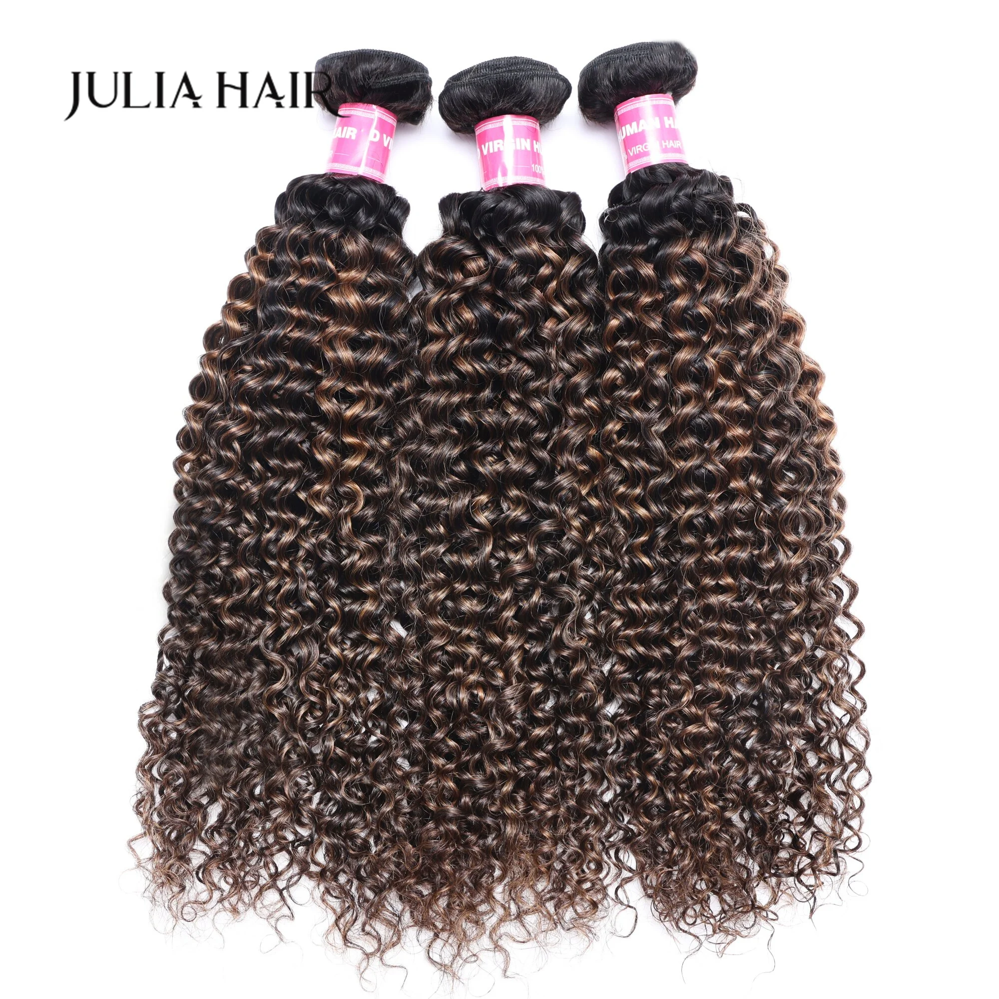 Julia Hair FB30 Highlight Brown Balayage Color Hair Weave Bundles 1/3 Bundles Deals Jerry Curly 100% Virgin Human Hair Bundles