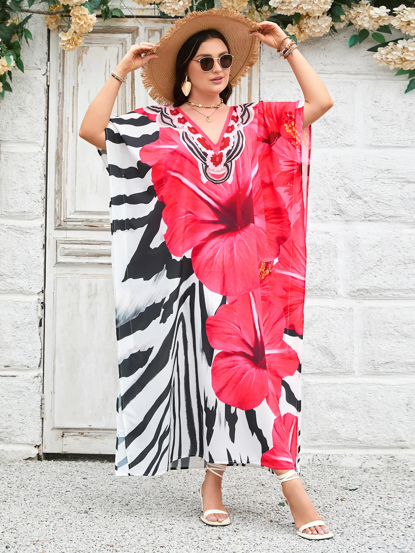 Sukienki kaftan dla kobiet plus size, narzutka na strój kąpielowy, sukienka z dekoltem w serek, rękaw nietoperz, luźny krój, marokański kaftan, sukienki mumu.