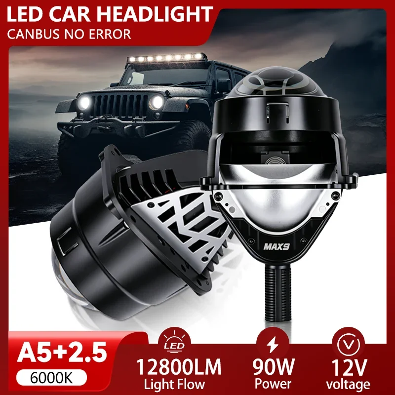 1/2PCS Lente Projetora LED de 2.5 Polegadas 12800LM H4 H7 6000K 9005/HB3 9006/HB4 Lente Universal para Carro Modificado Farol Alto e Baixo 12V