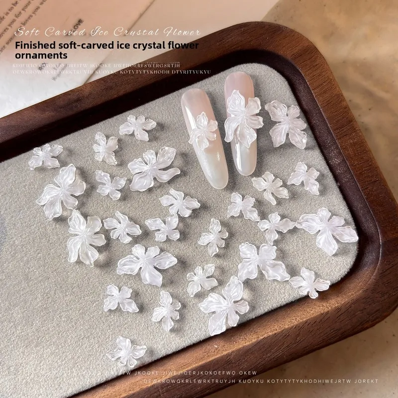 LYLE 50Pcs Ice Crystal Soft Carved Flower Nail Charms Mixed Pure Fairy 5 Petals Resin Flower Press On Nail Accessories
