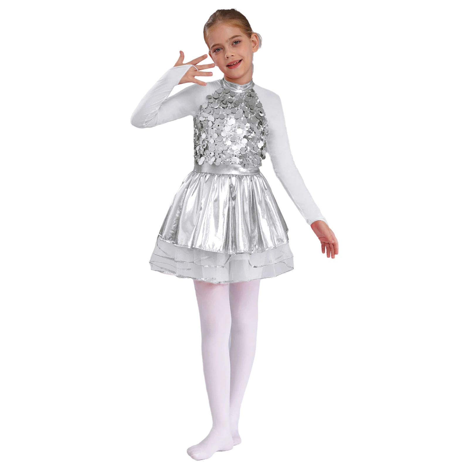 

Kids Girls Ballet Jazz Dance Dress Sparkling Sequins Metallic Sheer Mesh Long Sleeves Tutu Dress for Stage Performance Costume