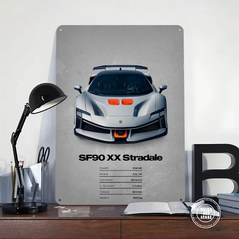 Sports SF90 XX Stradale Car Tin Poster Customized Retro Wall Art Vintage Metal Signs for Garage Room Ornaments Bar Accessories