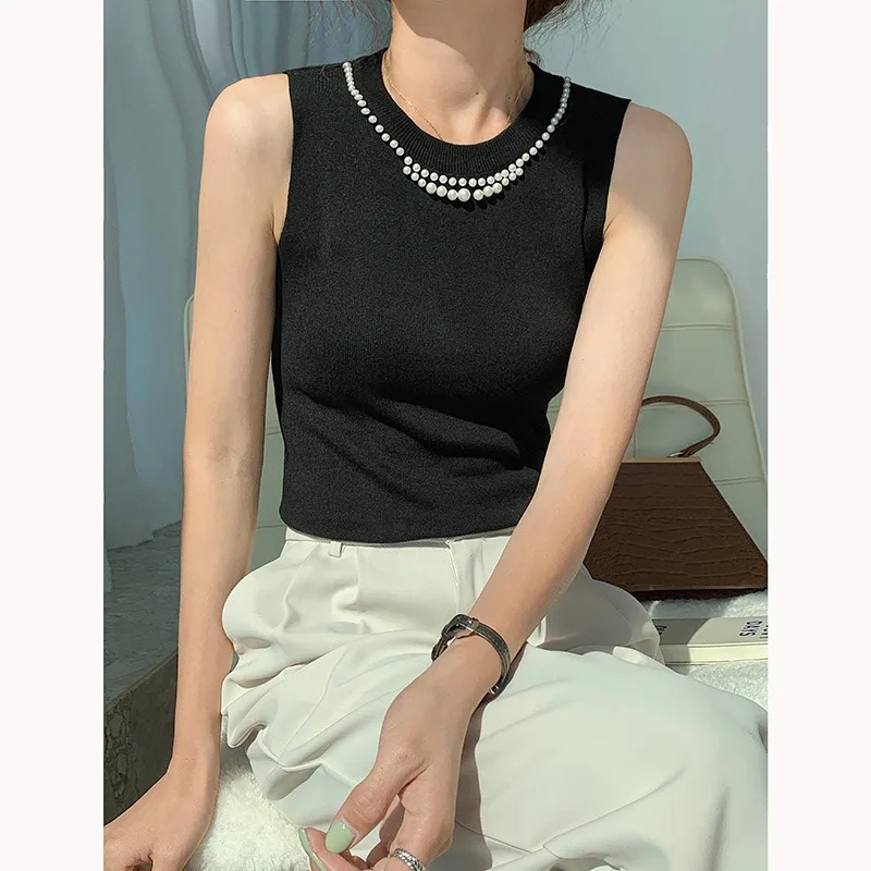 

Curved Ice Silk Summer Pearl Knitted Bottoming Vest for Women Black White Beading Sweet Basic French Chic Lady Sleeveless Top