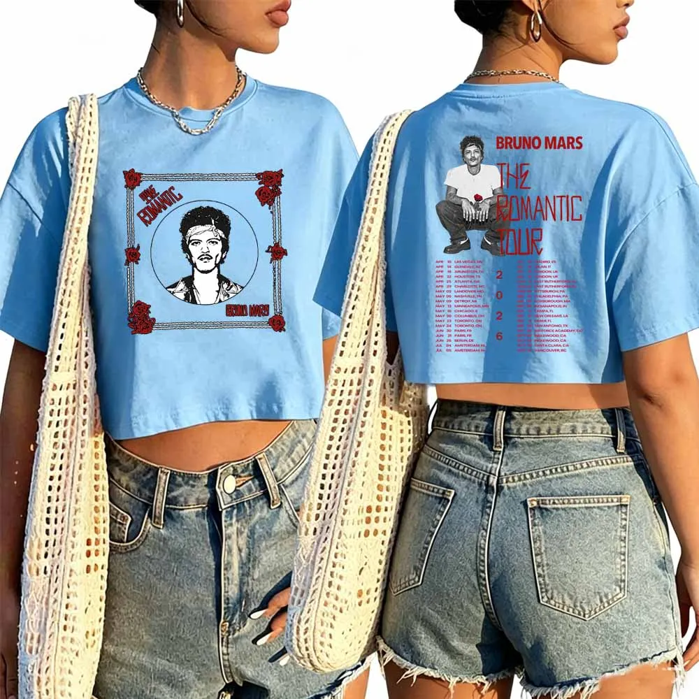 Bruno Mars The Romantic Tour 2026 Shirt Women O-Neck Short Sleeves Crop Tops T-shirt