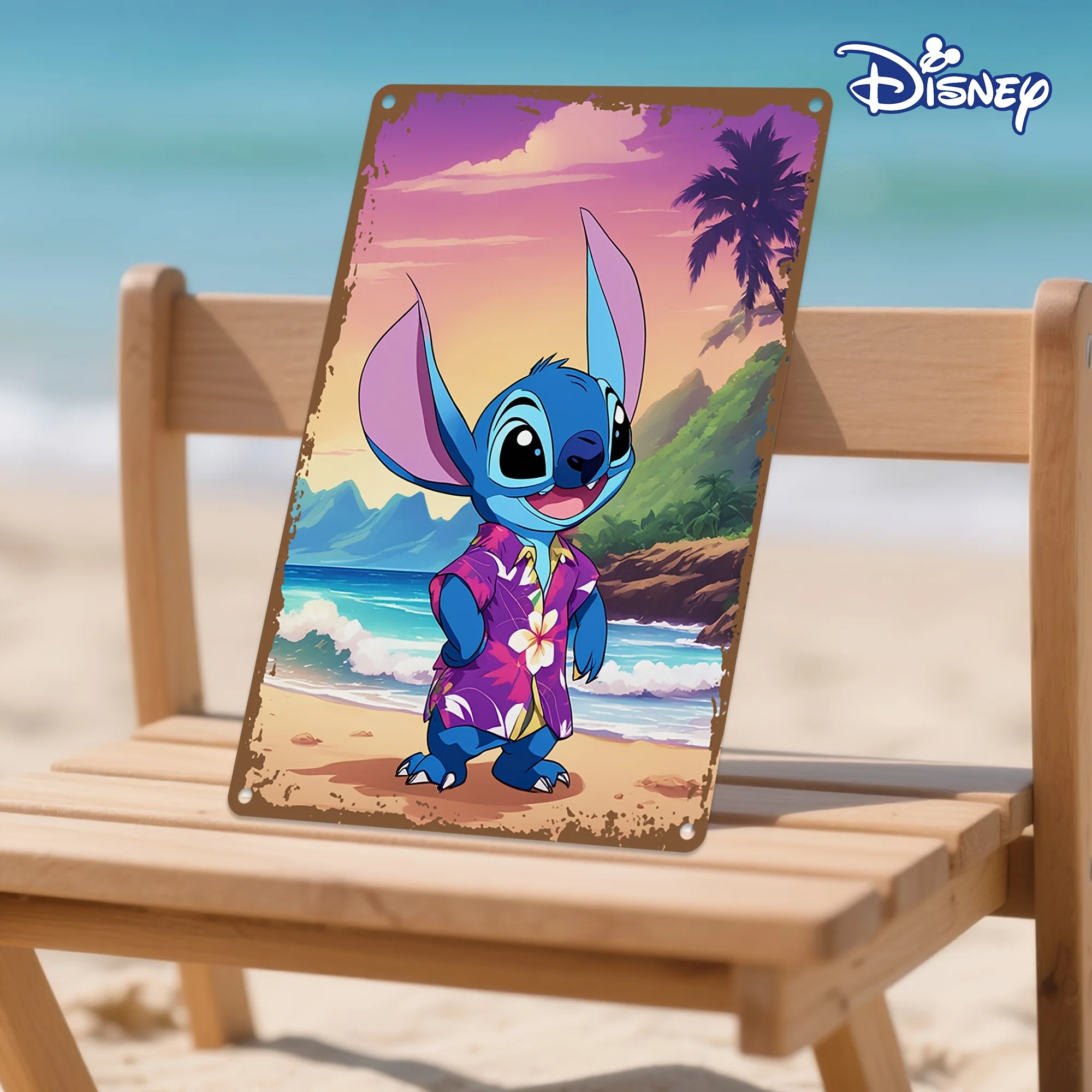 قطعة واحدة من لافتة ديزني ستيتش المعدنية من القصدير - لوحة فنية جدارية على الشاطئ الاستوائي مع أشجار النخيل وموجات المحيط، ديكور حديد متين مقاس 8 × 12 بوصة