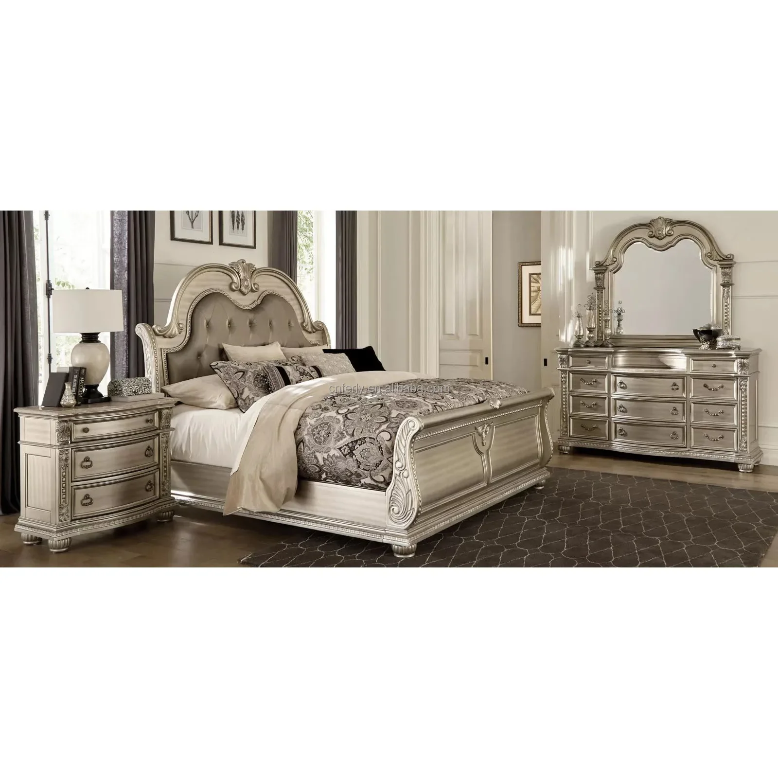 2026 Luxury Modern 4-Pcs American Style Wood Panel Bedroom Furniture Set for Home Hotel or Living Room With Storage Features