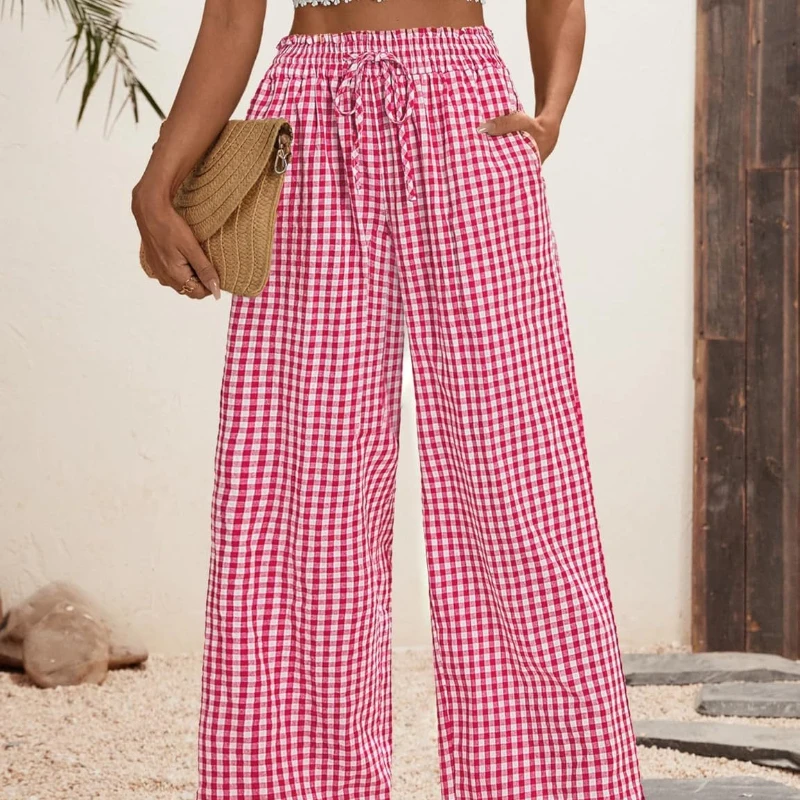 Geruite damesbroek met wijde pijpen en zakken voor herfst/winter Hoge taille Trekkoord Zwierig Casual modebroek voor Halloween