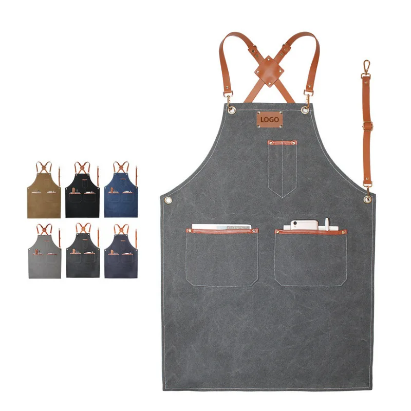 Denim Apron Pocket Leather Strap Creative Leather Hairdresser Overalls Thick Canvas Apron
