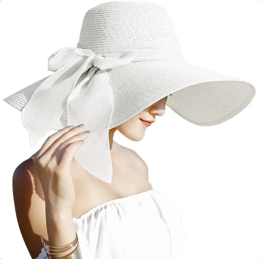 

Lanzom Womens 5.7 Inches Big Bowknot Straw Hat Large Floppy Foldable Roll up Beach Cap Sun Hat UPF 50+