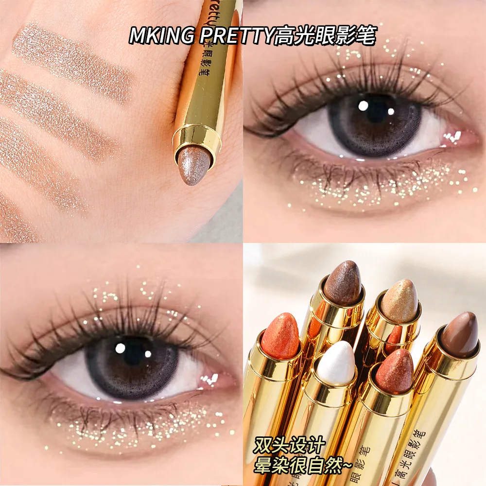 Sombra em bastão de dupla face – iluminador e caneta iluminadora com brilho perolado e acabamento fosco, maquiagem brilhante de longa duração para os olhos