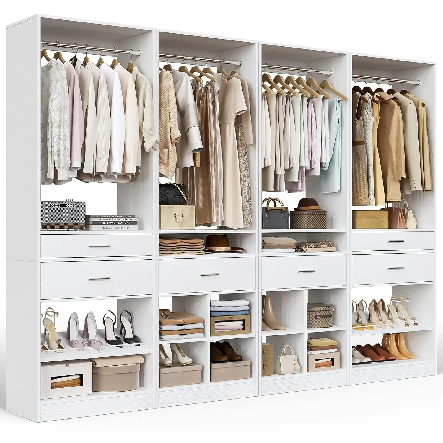 Closet Organizer with 6 Drawers, Hanging Rods, Adjustable Shoe Rack & Cube Storage, Wardrobe Tower Set of 4, White, Customized
