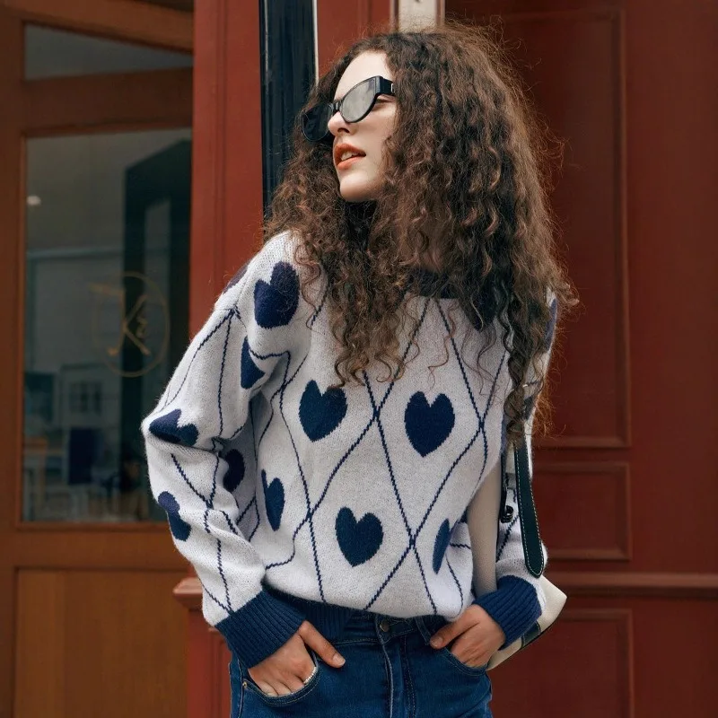 

Женские свитера с круглым вырезом и длинными рукавами, осенне-зимние вязаные пуловеры, жаккардовые топы с милым сердечком, женские повседневные свободные трикотажные изделия