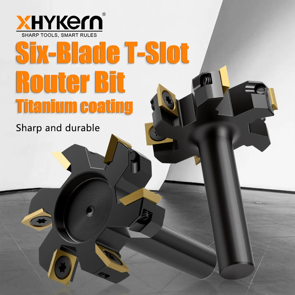 

XHYKern 1/2 Inch Shank 6 Flute T Type Black Titanium Coated Wood Panel Slotting Router Bit