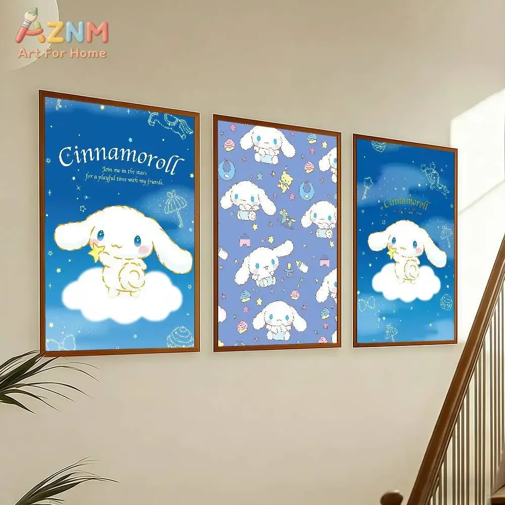 AZNM Cinnamoroll Starry Sky Canvas Print Frameless Wall Art Cute Cartoon Poster Blue Cloud Theme Kids Bedroom Decor Painting