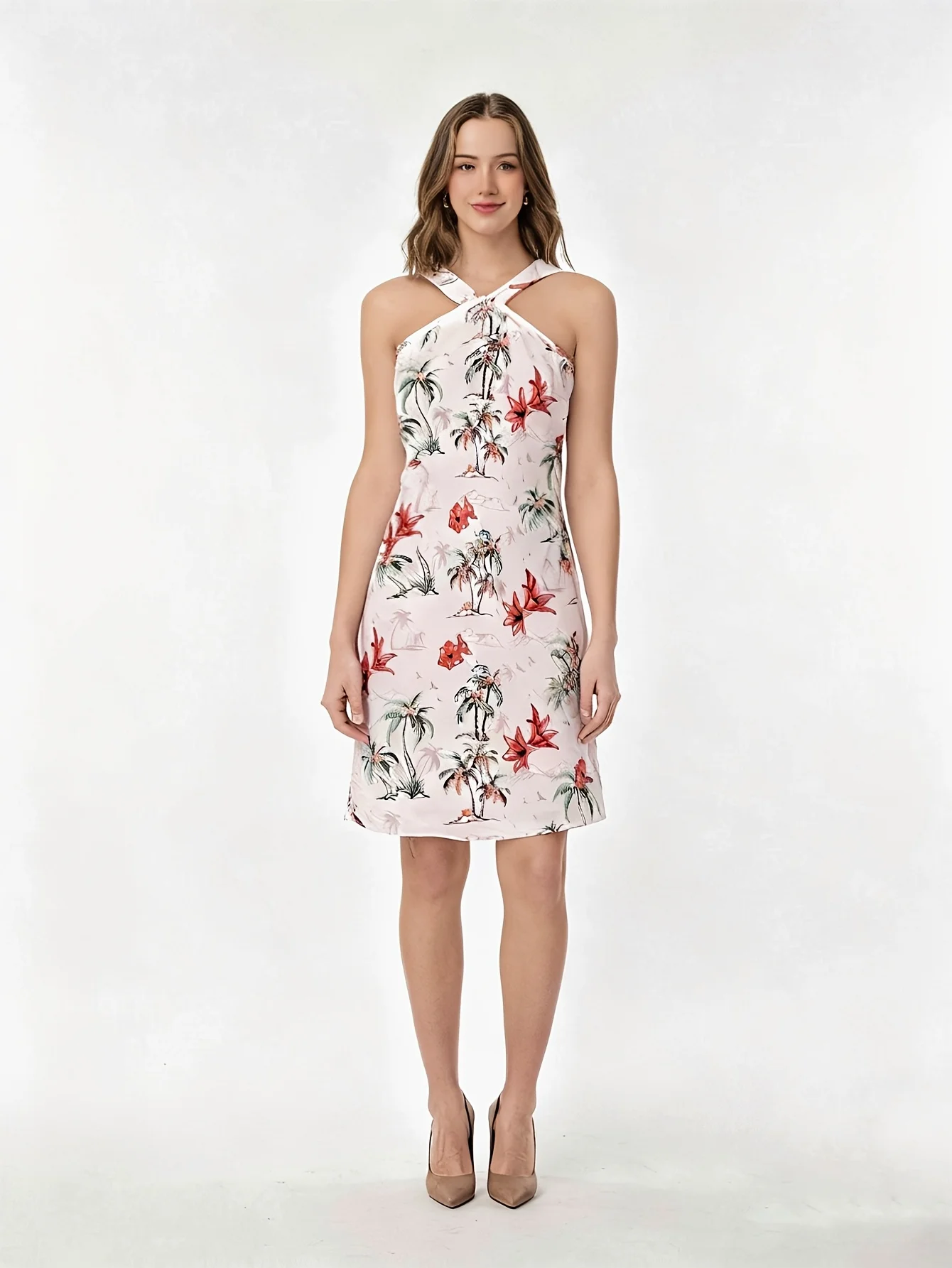 فستان نسائي قصير وردي شجرة النخيل الاستوائية مطبوع عليه زهور مع رسن بدون أكمام وظهر متقاطع فستان حفلات الإجازات 2025