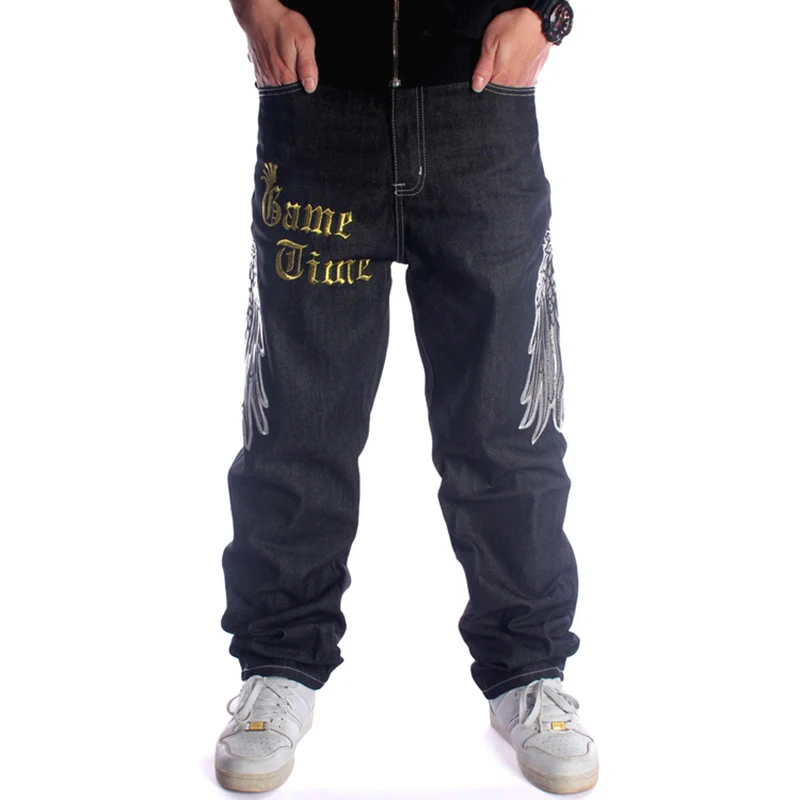 Men\'s hip hop jeans Plus size loose streetwear baggy denim pants Fashion letters hawk wings skull crown long trousers
