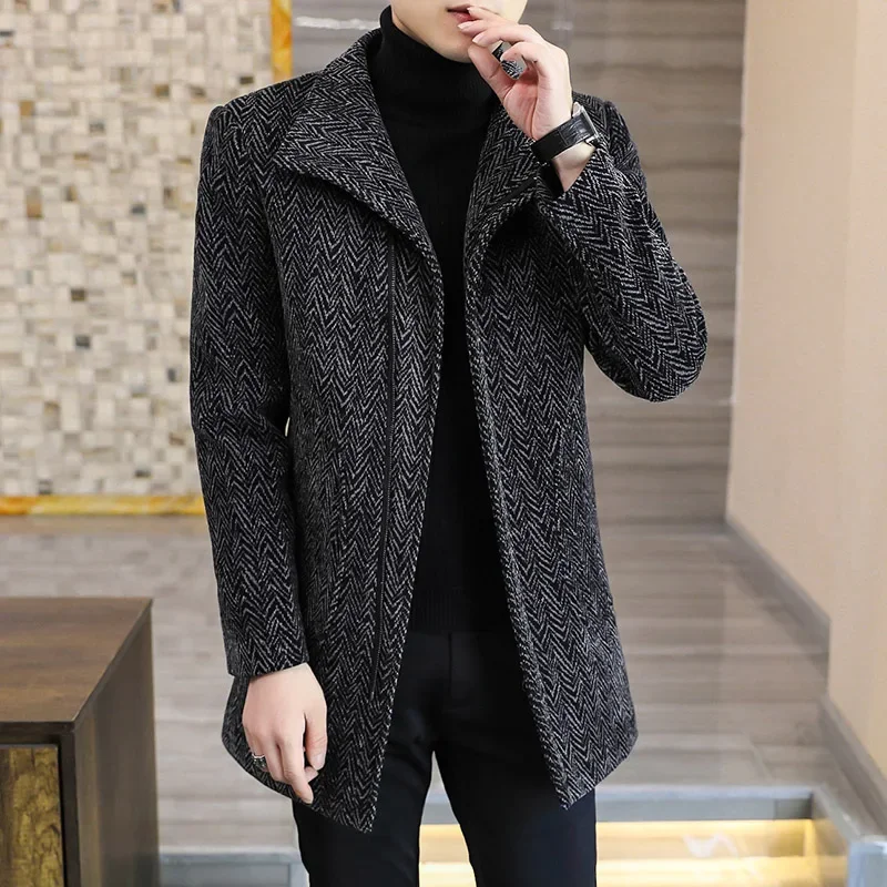 2023 Winter Woolen Jacket Men Mid-length Casual Business Trench Coat Thickened Warm Overcoat Slim Streetwear Social Windbreaker