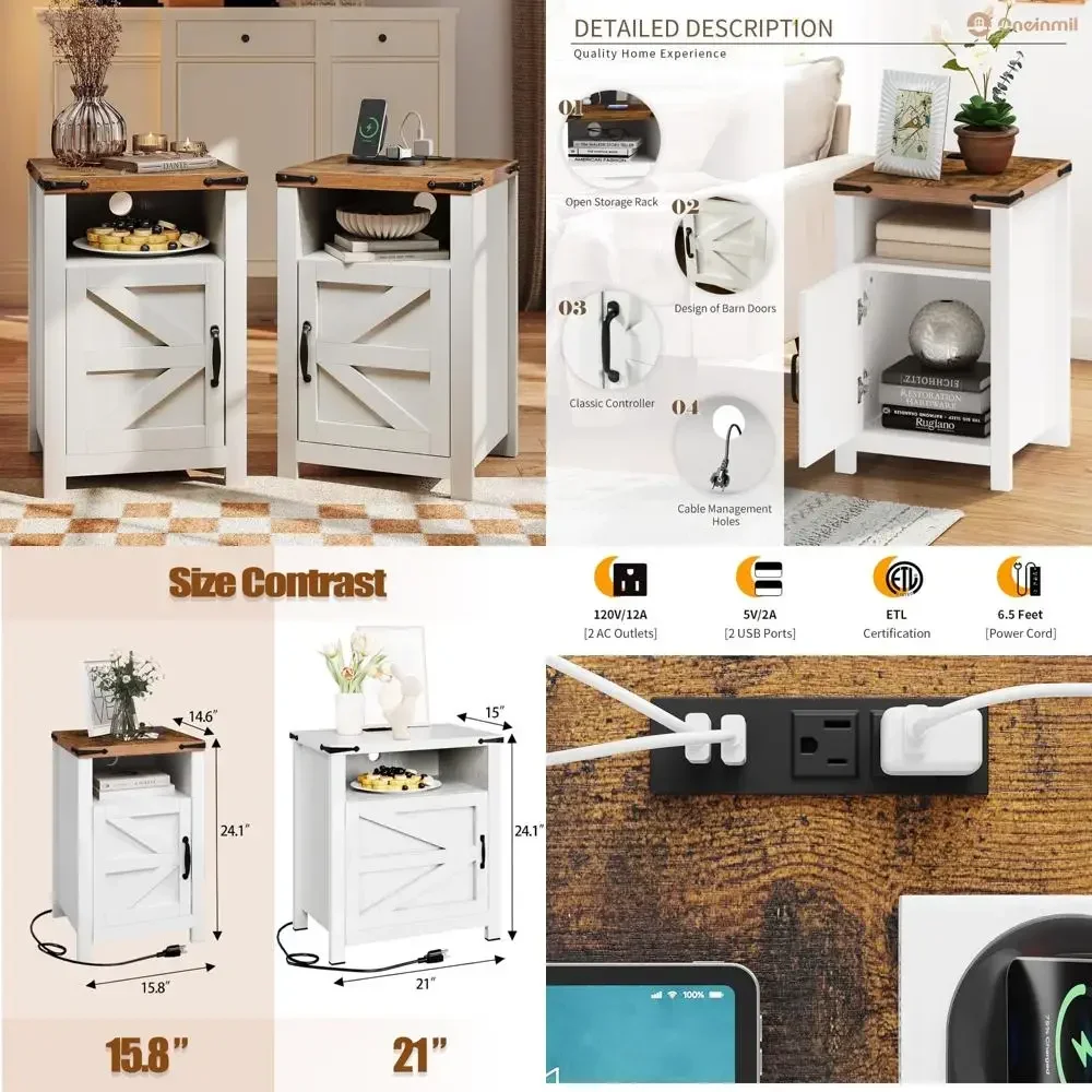 

Прикроватная тумбочка в стиле фермерского дома с раздвижной дверцей и зарядной станцией, комплект из 2-х приставных столиков для дивана с местом для хранения