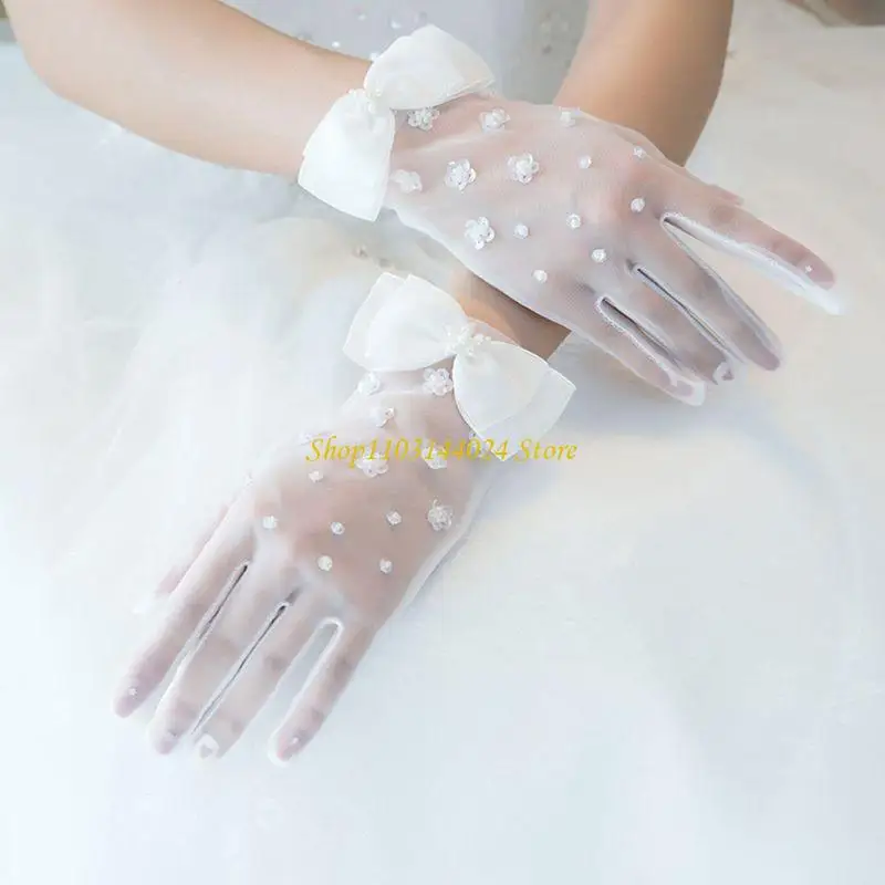N5KE 1920er-Jahre-Opern-Party-Mesh-Vollfinger-Handschuhe mit Schleife für Sonne zum Schutz, Weiß, M – Detail 3
