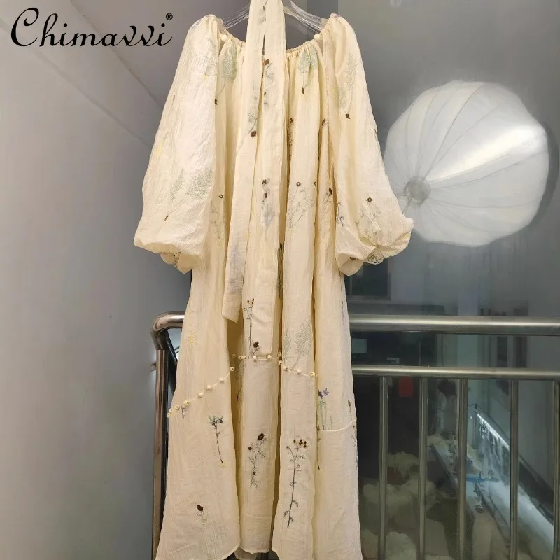 

New Bubble Sleeves Retro Embroidery Flowers Loose Beading Medium and Long Casual Belt Dress For Women