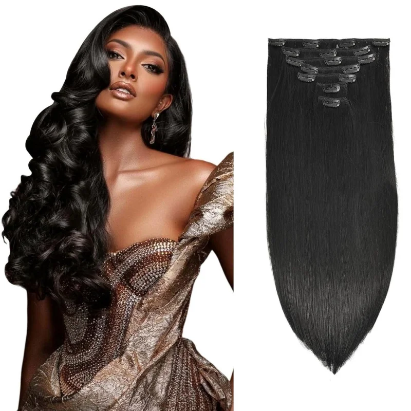 

Набор из 7 прядей для наращивания волос, 22 дюйма, прямые, черные, густые, синтетические волосы