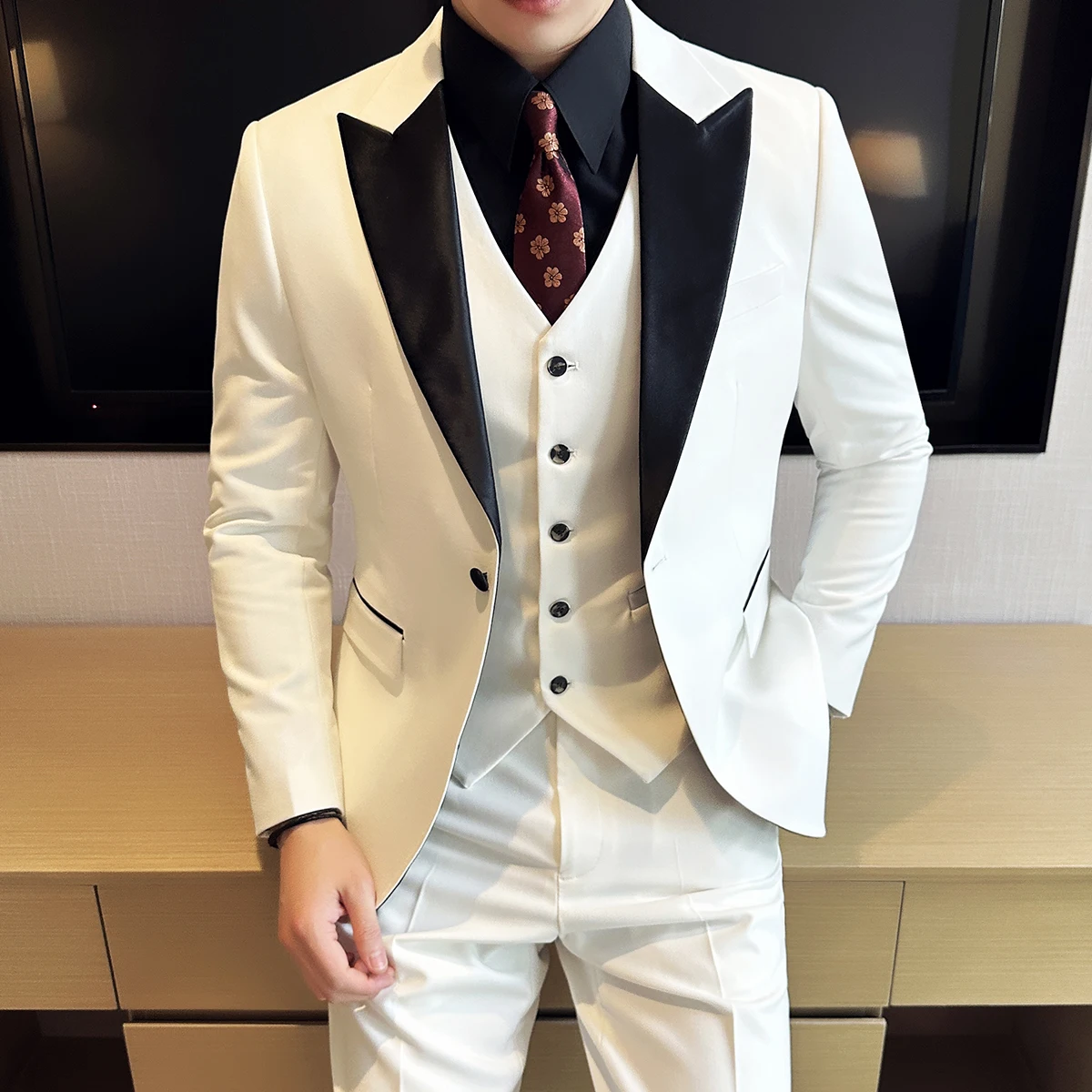 

(Jackets+Vest+Pants) Men Mariage Color Block Collar Suits Trousers Waistcoat Male Business Casual Wedding Blazers 3 Pieces Set