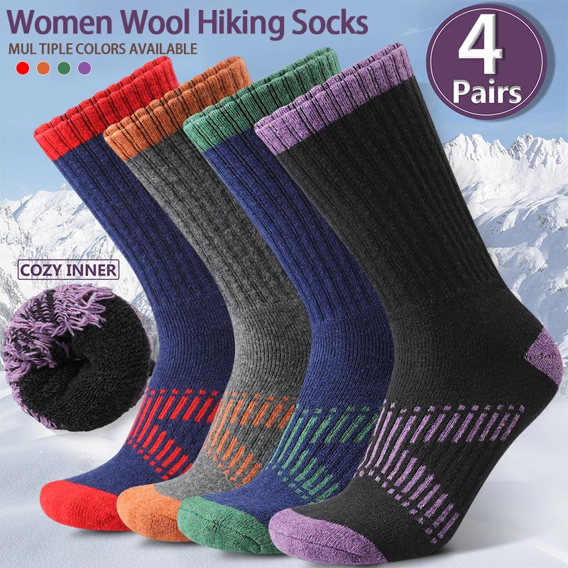 4Pairs Women's Sports Socks Thick Thermal Mid Tube Socks Wool Hiking Winter Warm Against Cold Snow Terry Sock Breathable Durable