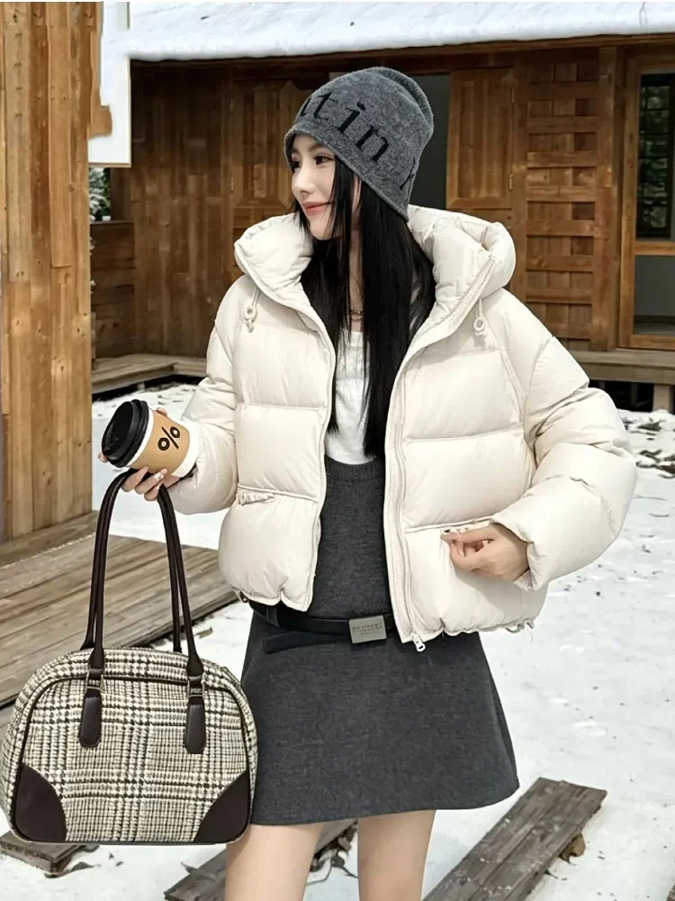 Winter Short Hooded Drawstring Down Jacket Female Puff Fluffy Zipper Jacket Women White Duck Down Waterproof Thick Warm Outwears