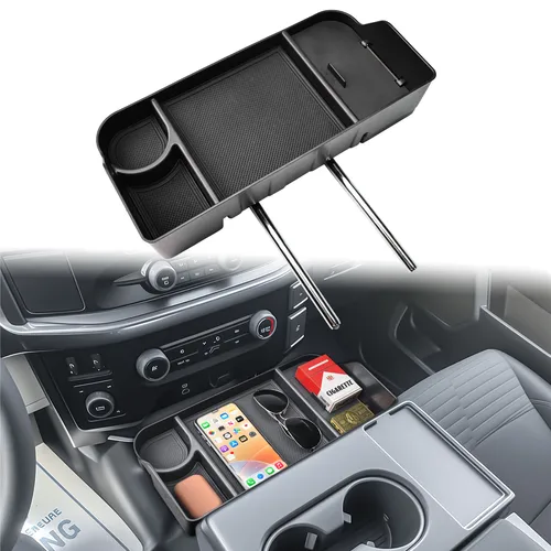 Organizador de reposacabezas del asiento central delantero para Ford F150 F250 F350 F450 F550 F650, caja de almacenamiento para consola central, bandeja portavasos, 2011-2025